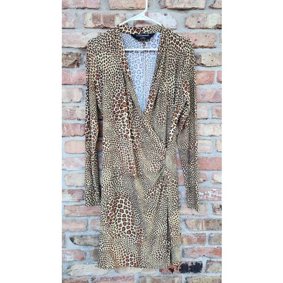 Norma Kamali Cocoa Animal Surplice Faux Wrap Stretch Jersey Dress Large - Picture 2 of 9